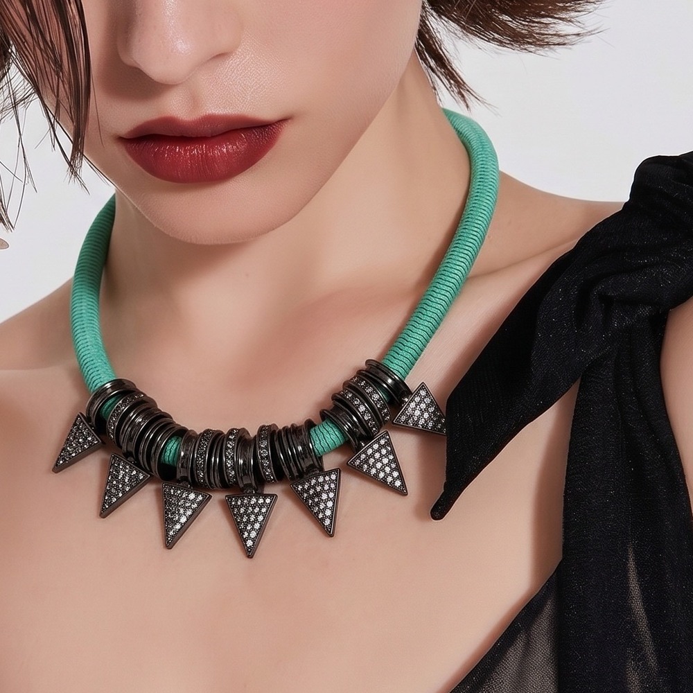 Aqua‎ Ribbed Cord Statement Necklace Gunmetal Triangle Crystal 20" Whimsigoth